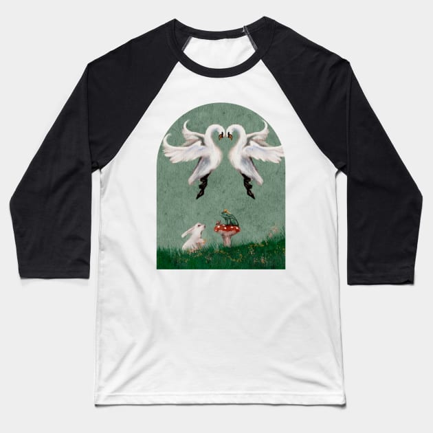 Fairytale Meeting A frog king and white rabbit meet in a spring meadow  with swans cottagecore watercolor Baseball T-Shirt by penandbea